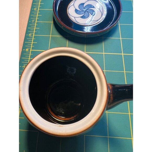 Vintage Japanese  Tenmoku glaze  Ceramic Sauce Pot With Lid & Matching Saucer - Picture 2 of 6